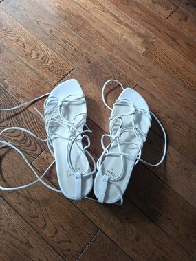 Stuart Weitzman White Lace-Up Strappy Flat Sandals